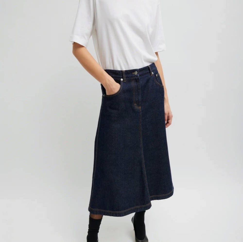 Tibi Indigo Denim Midi Aline Coast Cowgirl Western Skirt Sz 26 New Without Tag